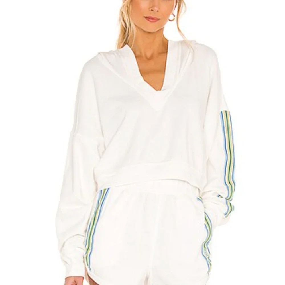 NEW FREE PEOPLE FP MOVEMENT WHITE GRAND SLAM SWEAT STRIPED HOODIE SWEATSHIRT XS